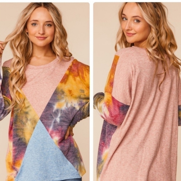 A Girl Thing Tops - Two Tone Tie Dye Ashley Knit Lightweight Color Block Sweater